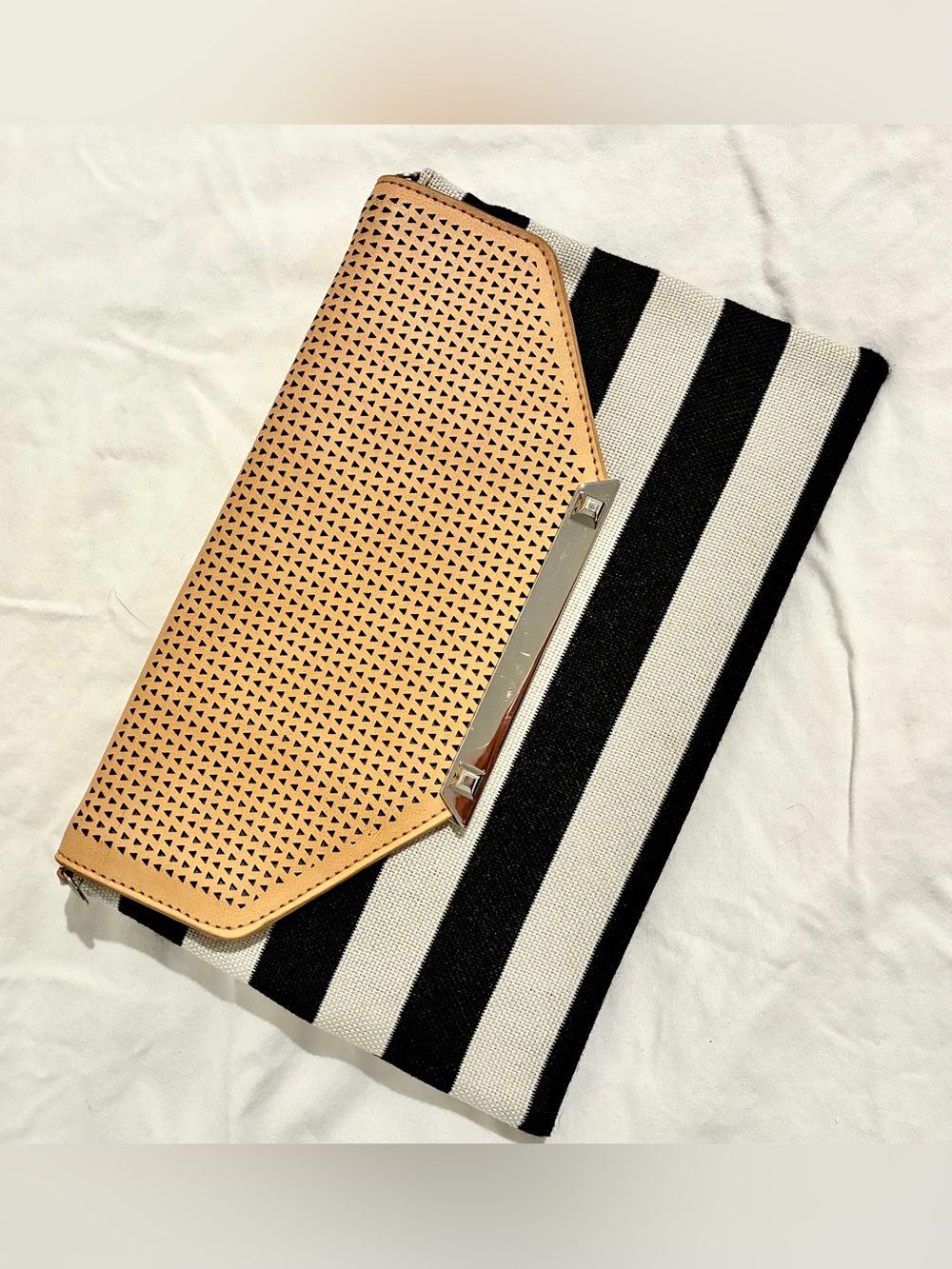 Stella & Dot City Slim Clutch Black White Stripe Laser Cut Perforated Flap